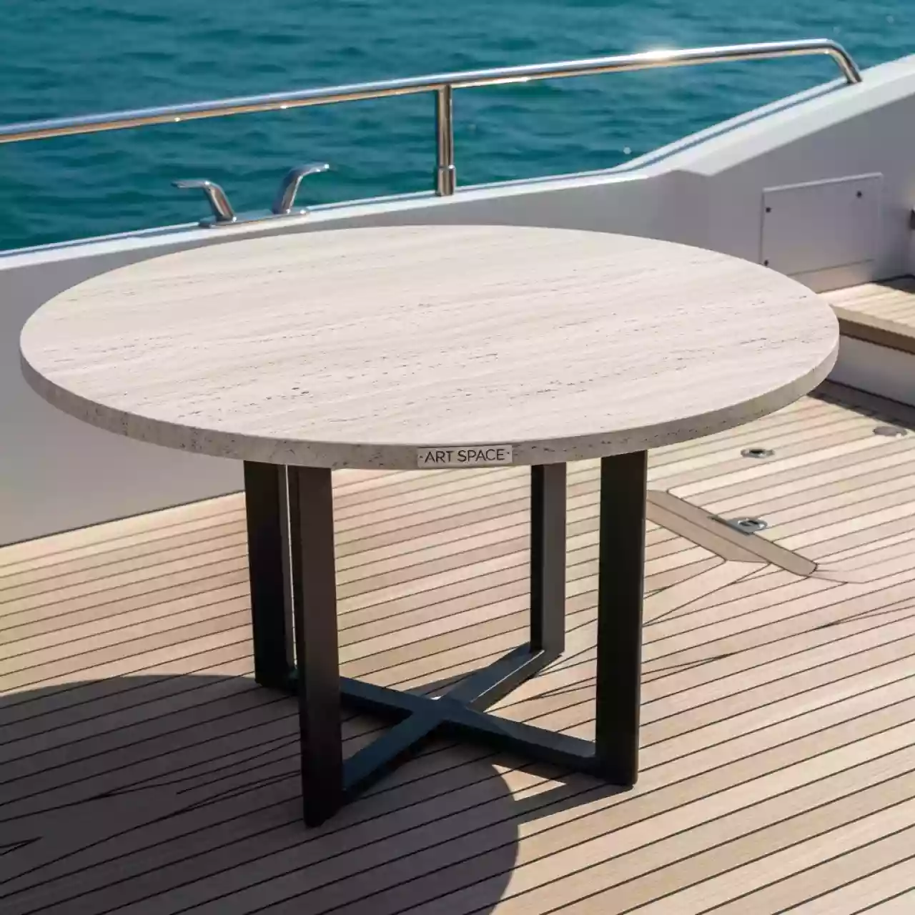 Аренда Столешница круглая Werzalit D800 мм травертин на VIP теплоходе (Морпорт Сочи) — ART SPACE