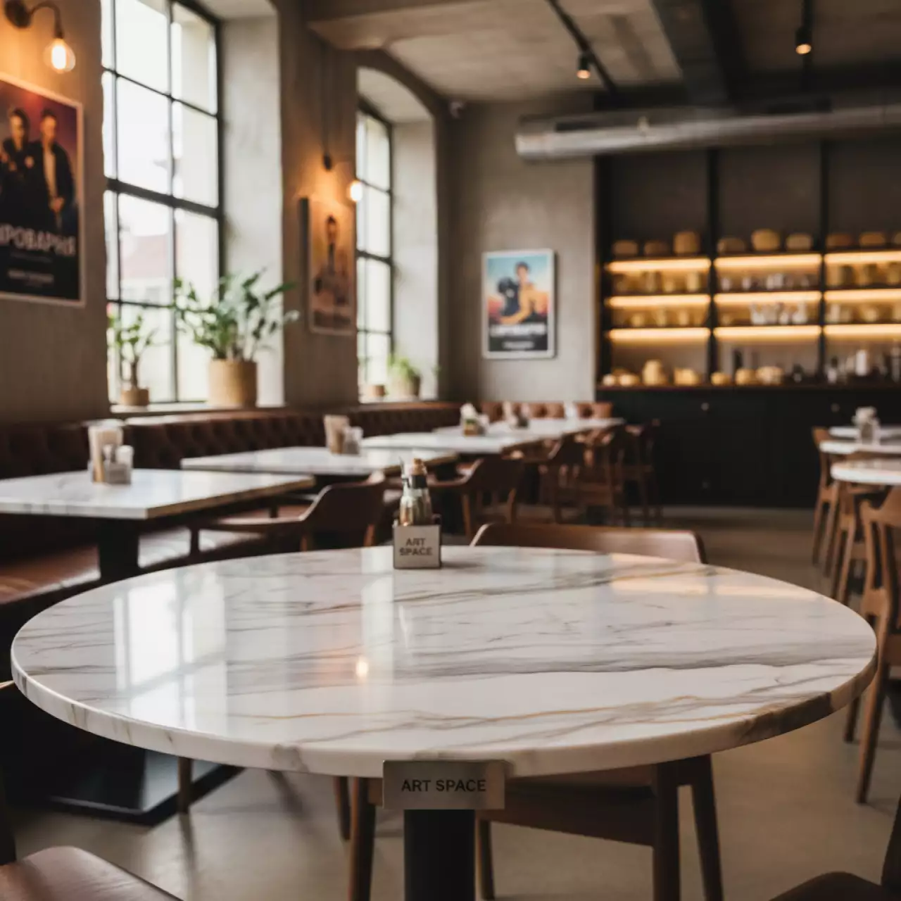 Аренда Столешница круглая Werzalit D800 мраморный опиум в ресторане «Сыроварня» — ART SPACE