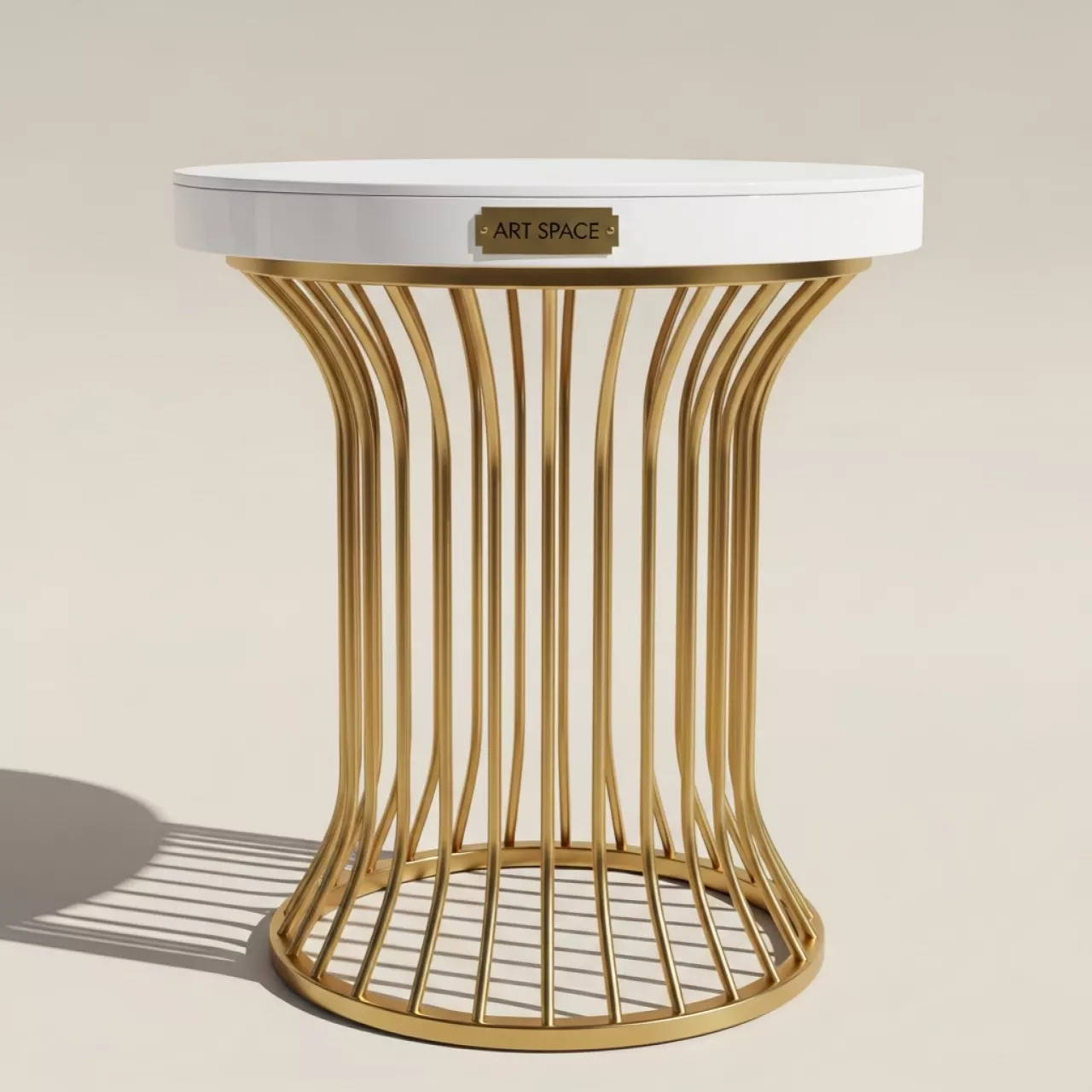 Аренда Столик для торта Император золотой с белой поверхностью высота 75 см диаметр 90 см на пляже «Ривьера» — ART SPACE