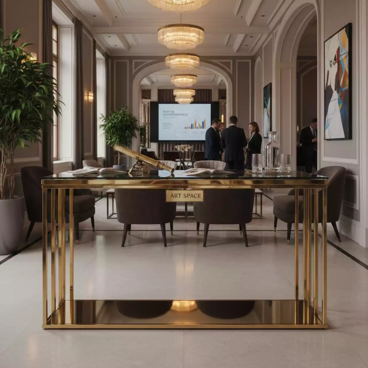 Аренда Столик консольный стеклянный 140х45х78 нержавеющая сталь золото в Boutique Hotel PORTUM 1905 — ART SPACE