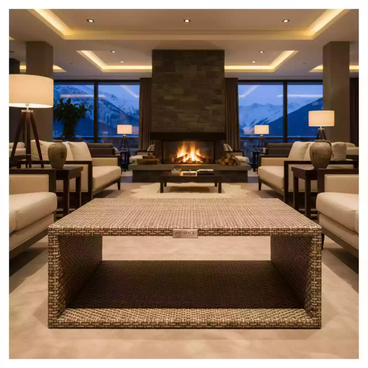 Аренда Столик журнальный бежево коричневый искусственный ротанг Bavaria 110х55 в Radisson Hotel Rosa Khutor — ART SPACE