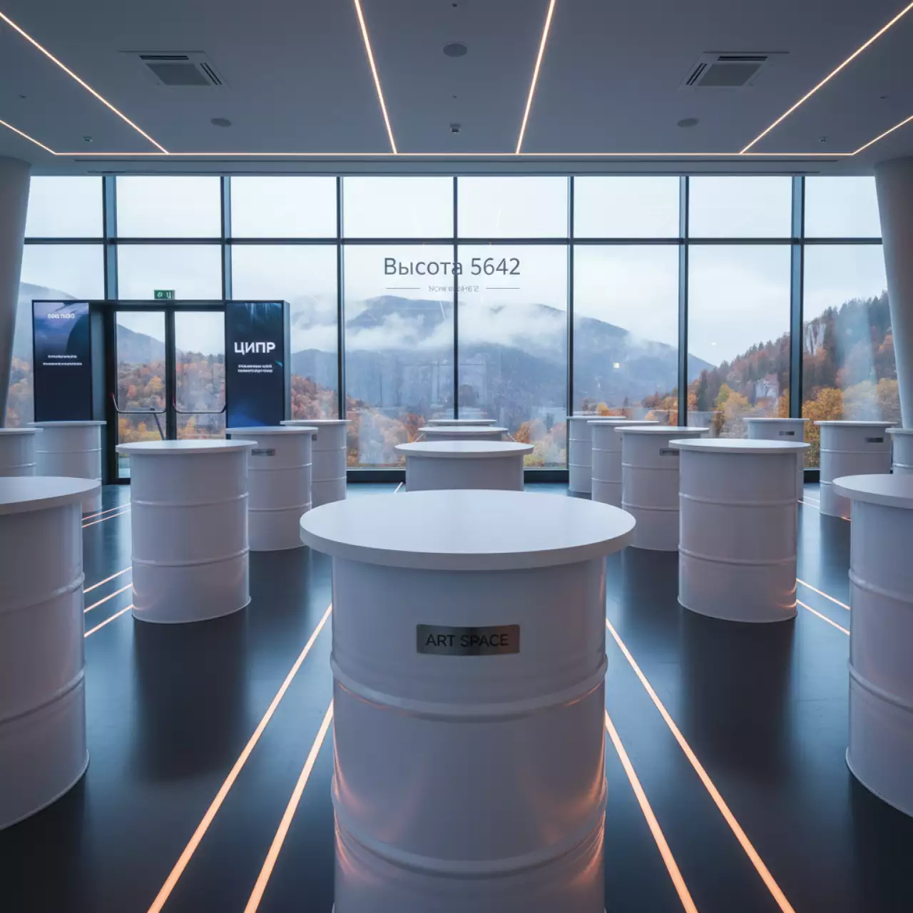 Аренда Столы бочки со столешницей белые в ресторане «Высота 5642» — ART SPACE