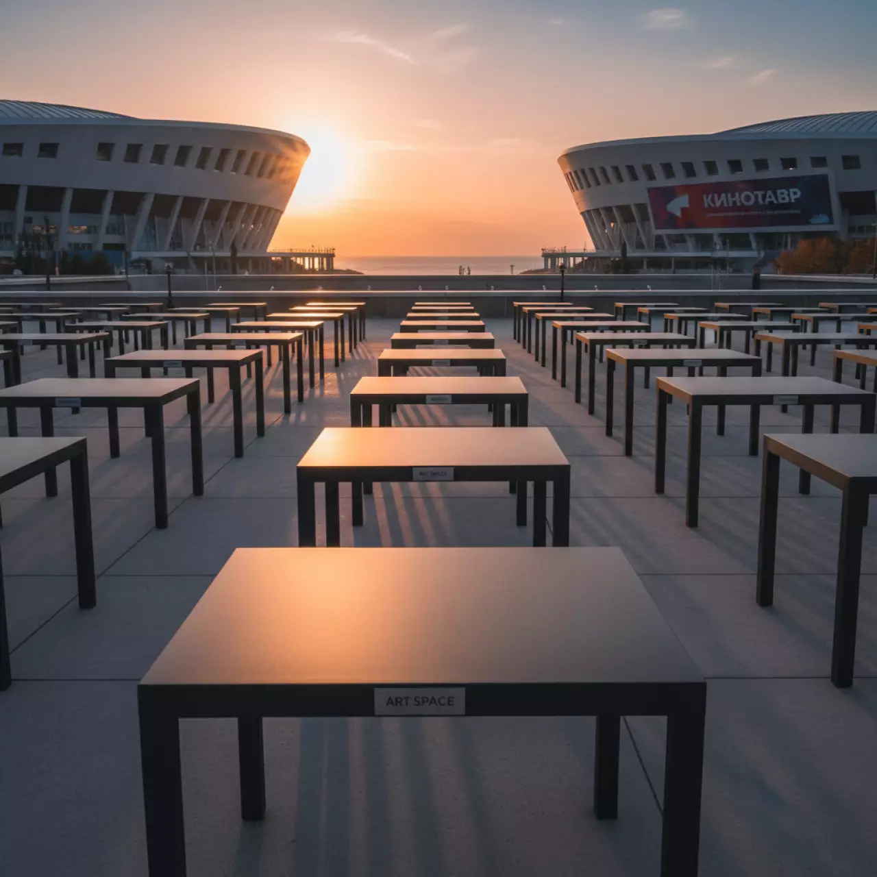Аренда Столы пластиковые черные на арене «Фишт» — ART SPACE
