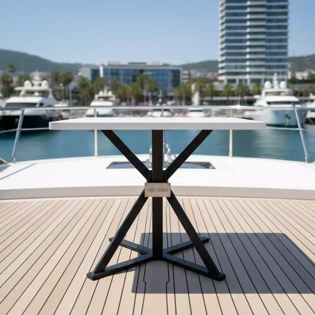 Аренда Столы Топ белые с крестовым подстольем 70х70 см на VIP теплоходе (Морпорт Сочи) — ART SPACE