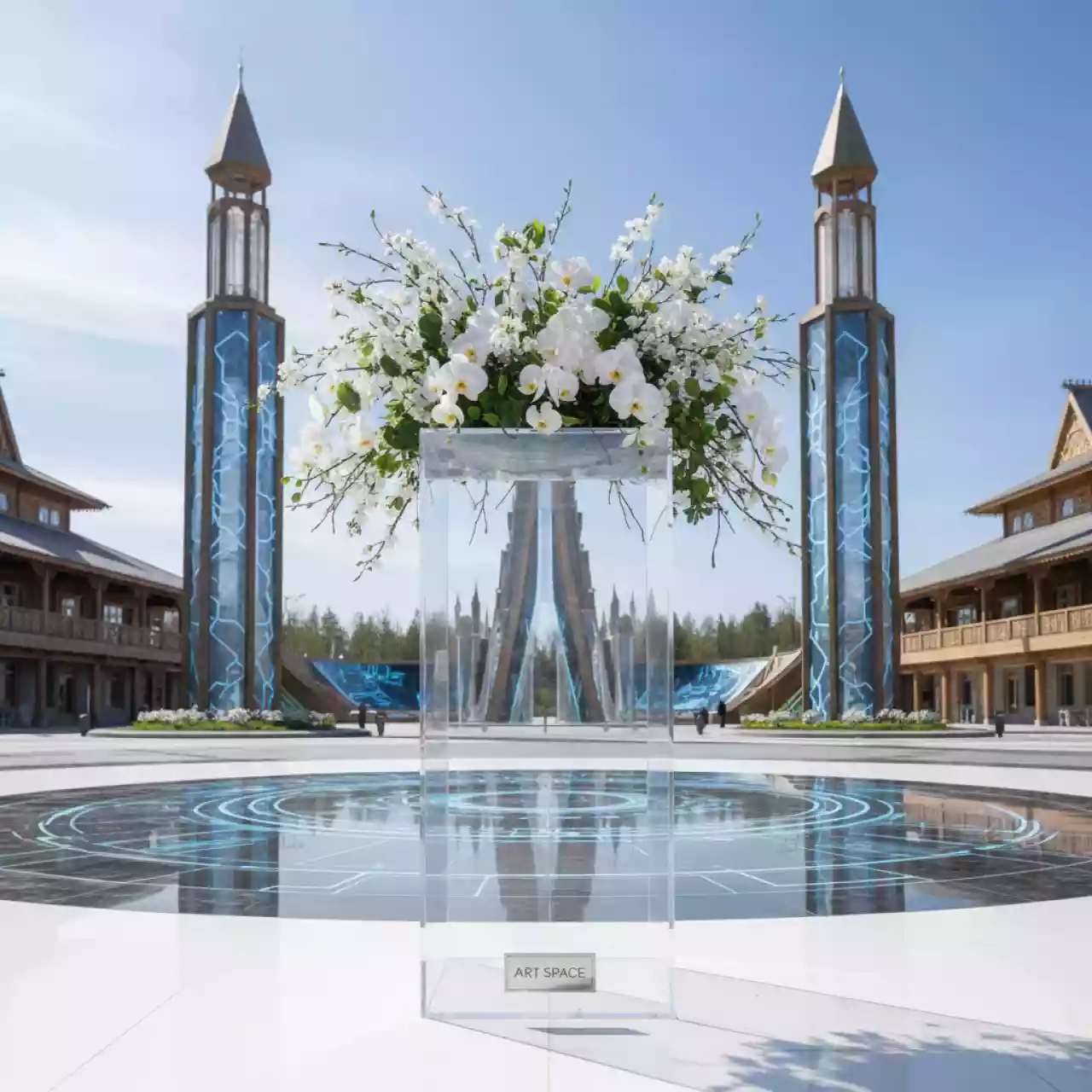 Аренда Стойка для цветов прозрачная Фрея средняя в этно-парке «Моя Россия» — ART SPACE