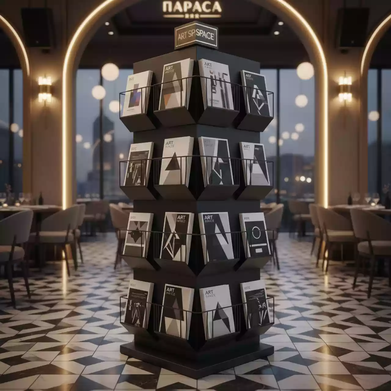 Аренда Стойка напольная вращающаяся на 32 кармана А4 в ресторане «Паруса» — ART SPACE