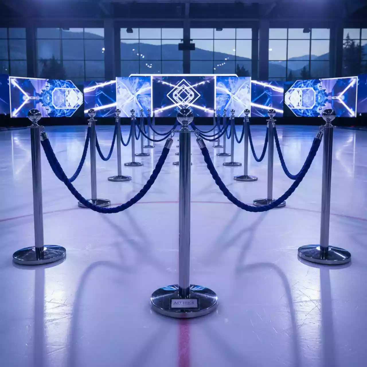 Аренда Стойка ограждение с канатом Barrier Chrome в ледовом дворце «Роза Хутор» — ART SPACE