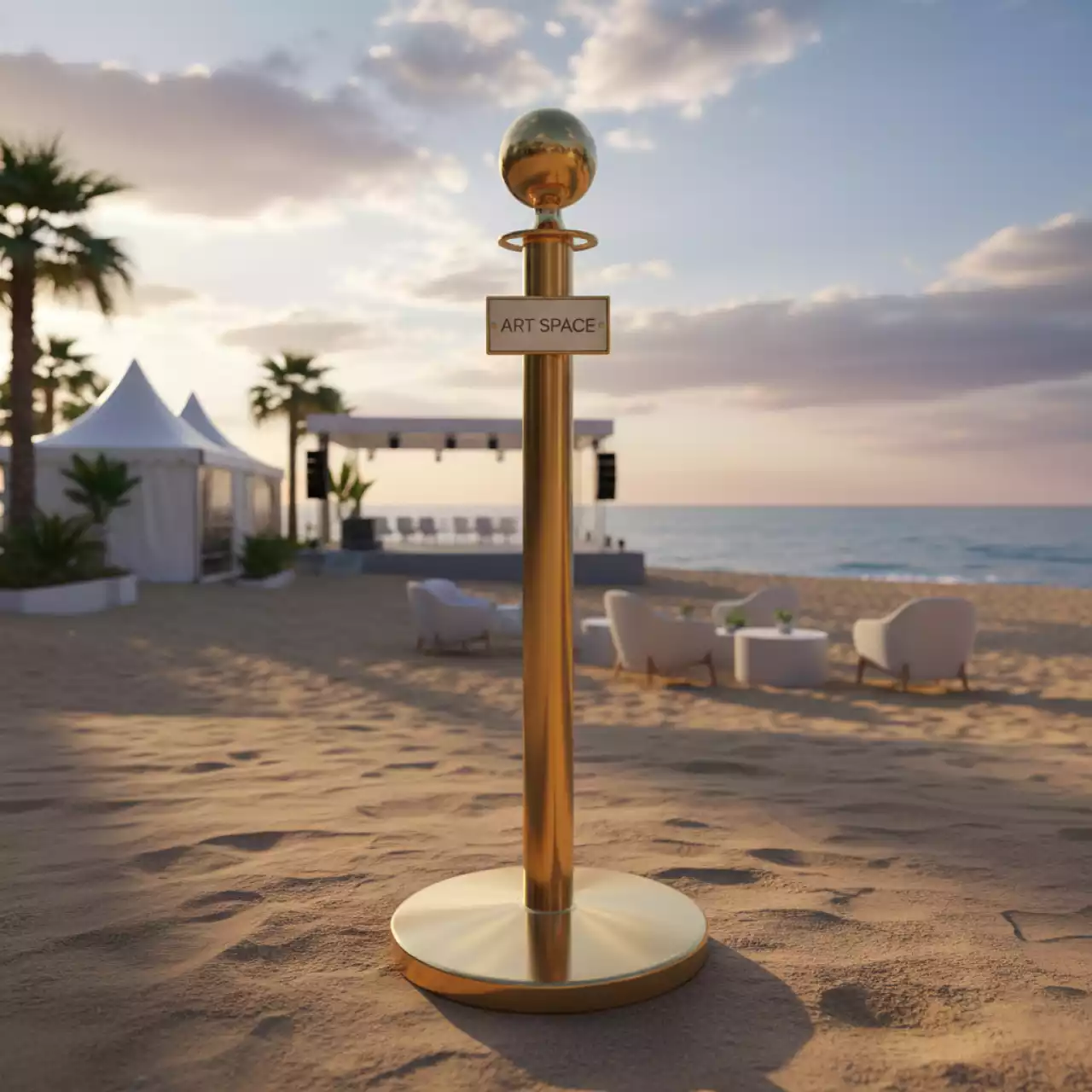 Аренда Стойка ограждения для каната золотая на пляже «Маяк» — ART SPACE