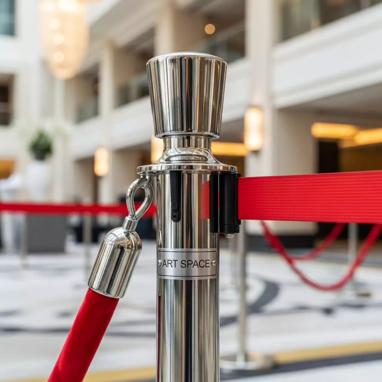 Аренда Стойка ограждения хромированная с красным ремнем в Mövenpick Hotel — ART SPACE