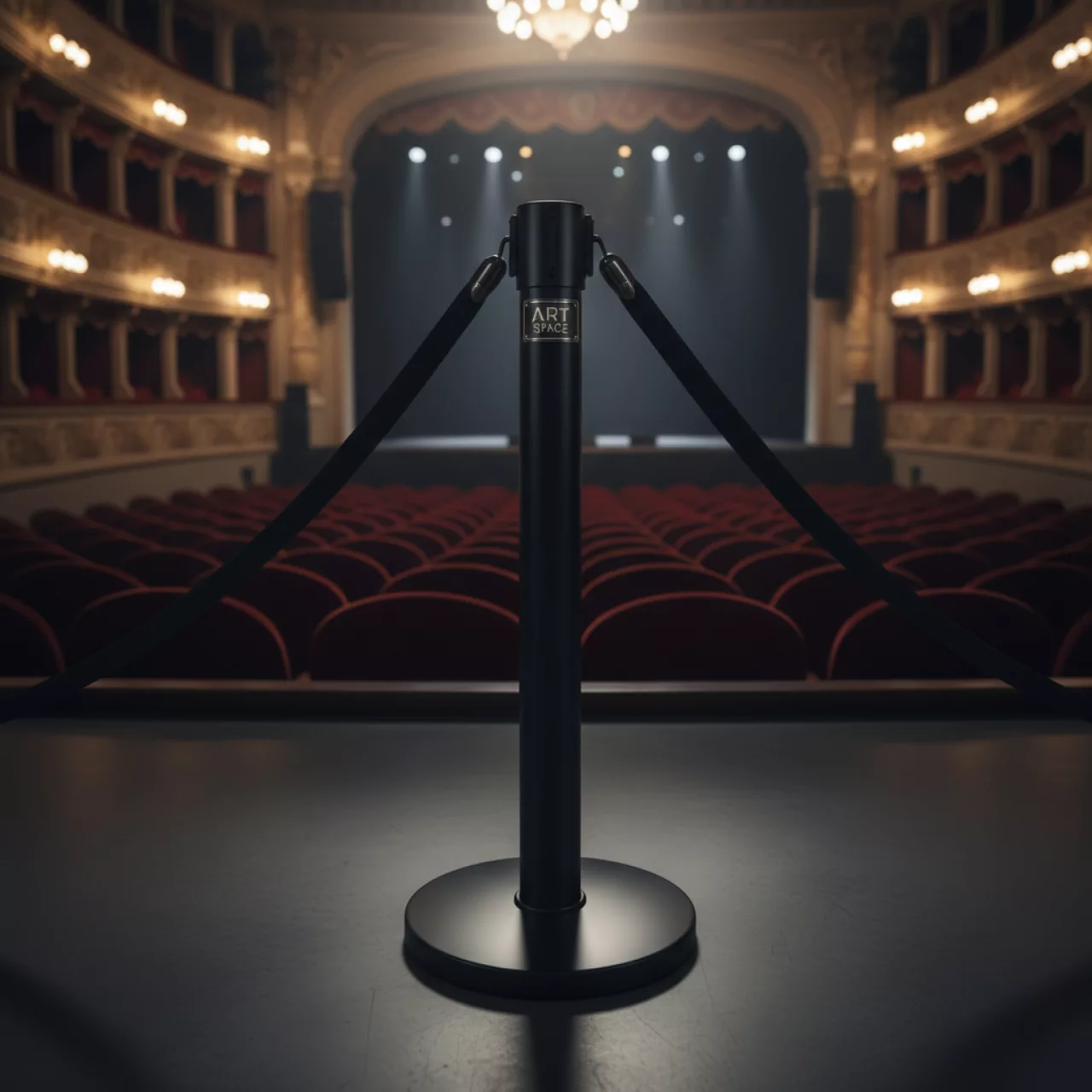 Аренда Стойка ограждения с черной вытяжной лентой в Зимнем театре — ART SPACE