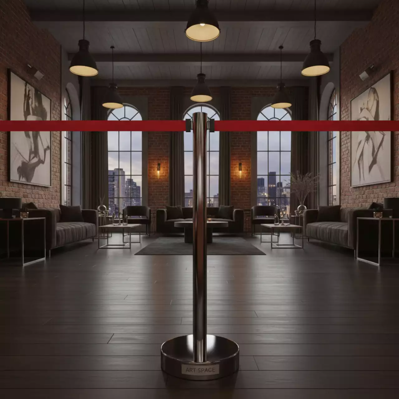 Аренда Стойка ограждения с красным ремнем хром в Mantera Supreme — ART SPACE