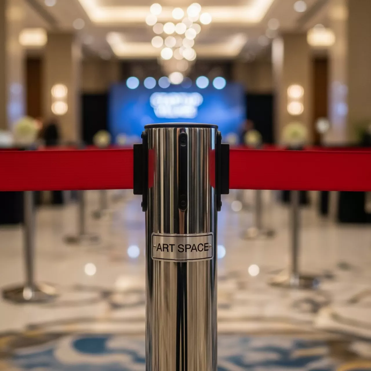 Аренда Стойка ограждения с ремнем красная хромированная в Bridge Resort — ART SPACE