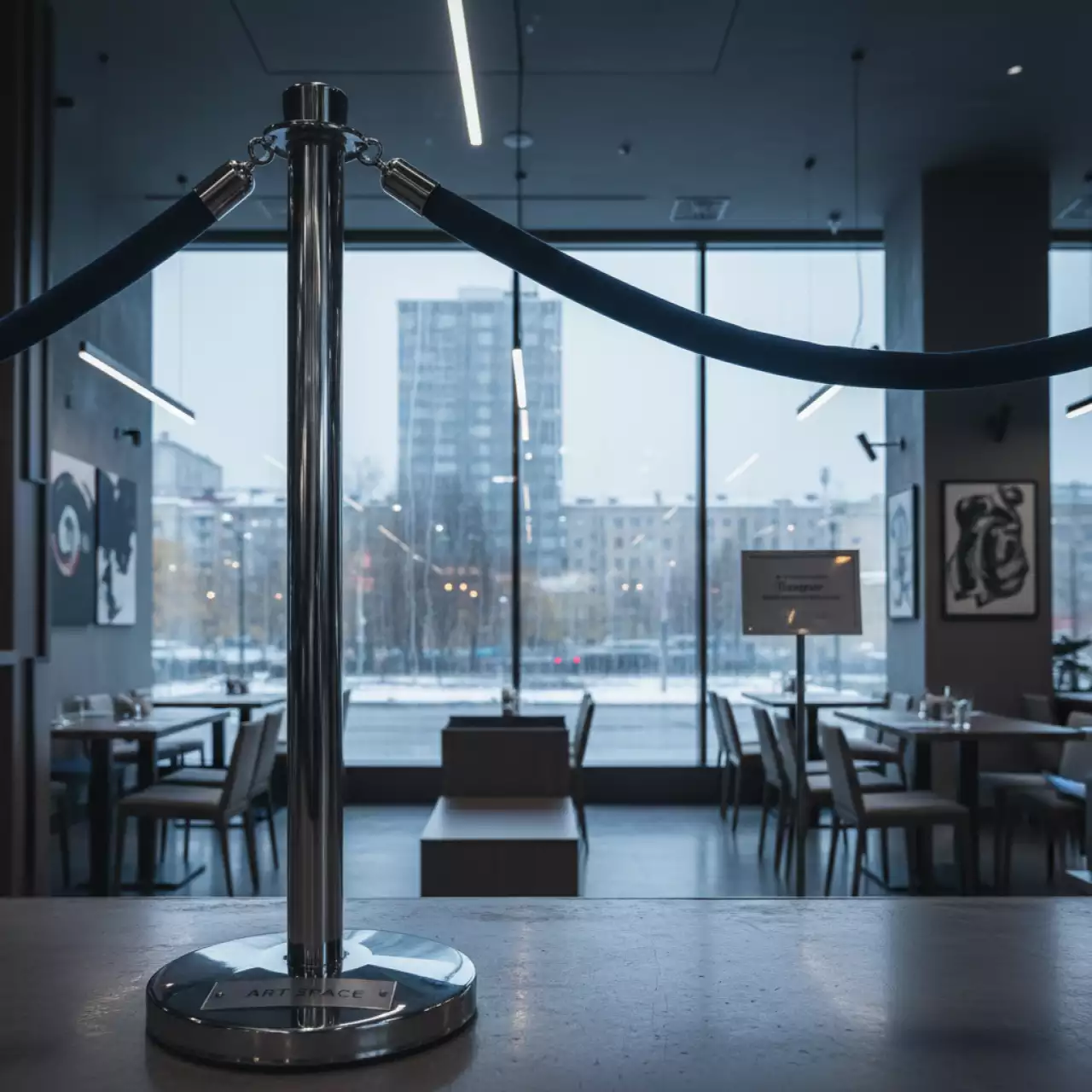 Аренда Стойка ограждения с ремнем синяя хромированная в ресторане «Паруса» — ART SPACE