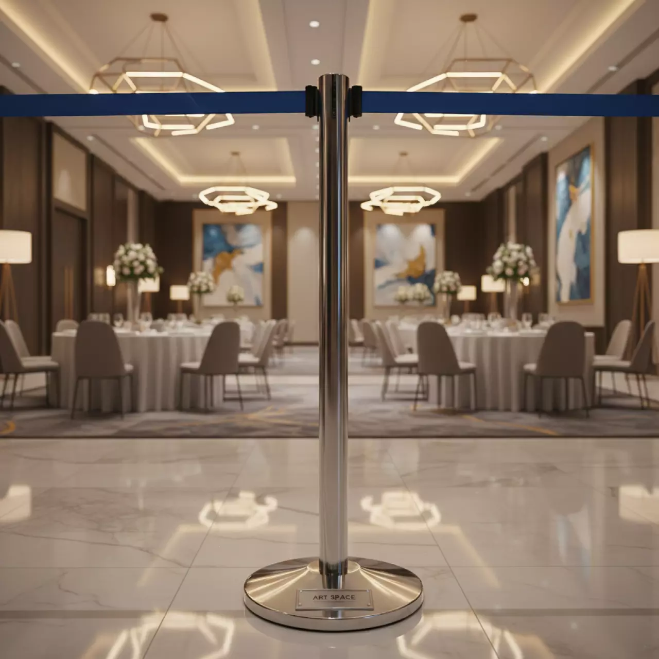 Аренда Стойка ограждения с синей вытяжной лентой в Radisson Collection Paradise — ART SPACE