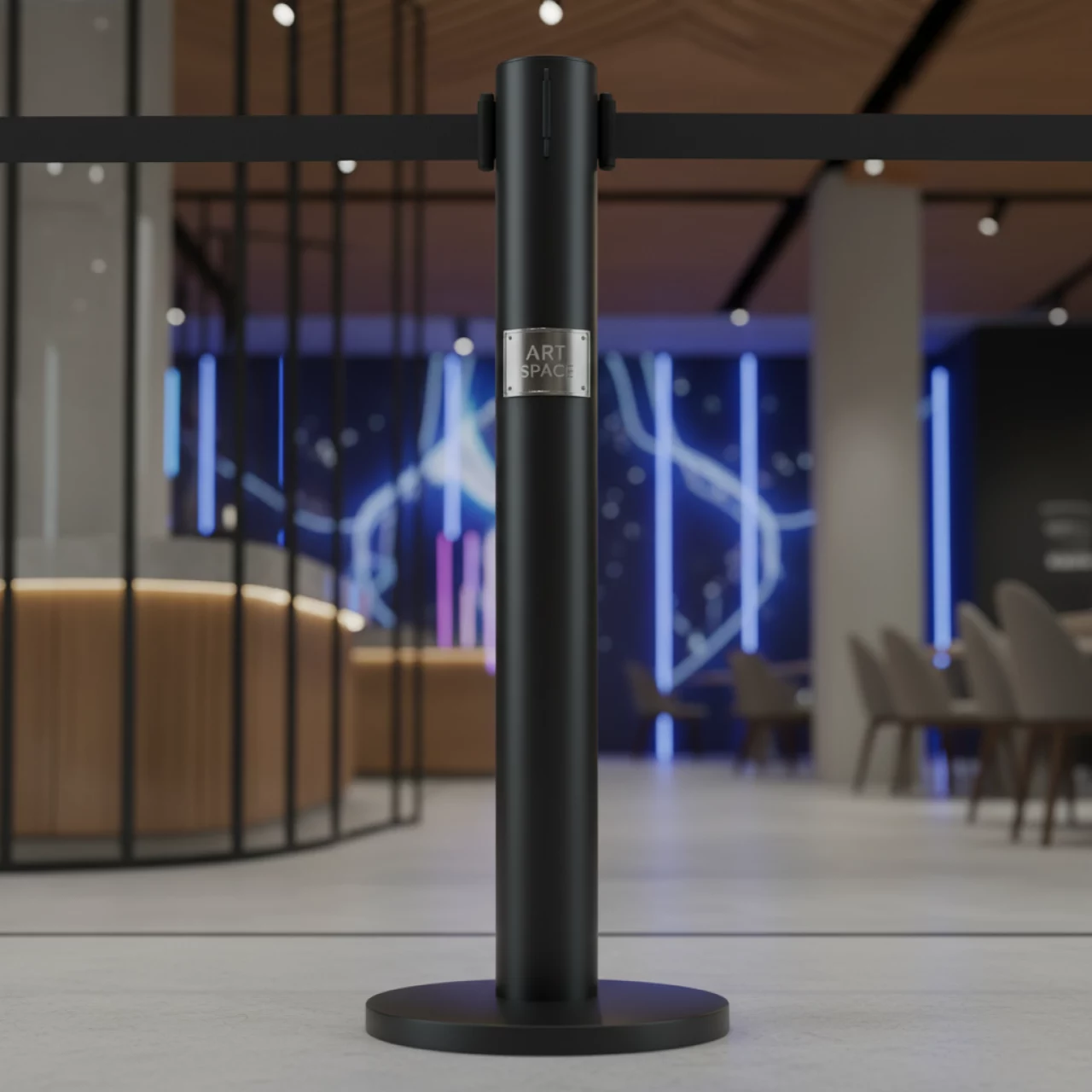 Аренда Стойка ограждения с вытяжной лентой черная нержавеющая сталь в ресторане «Магеллан» — ART SPACE