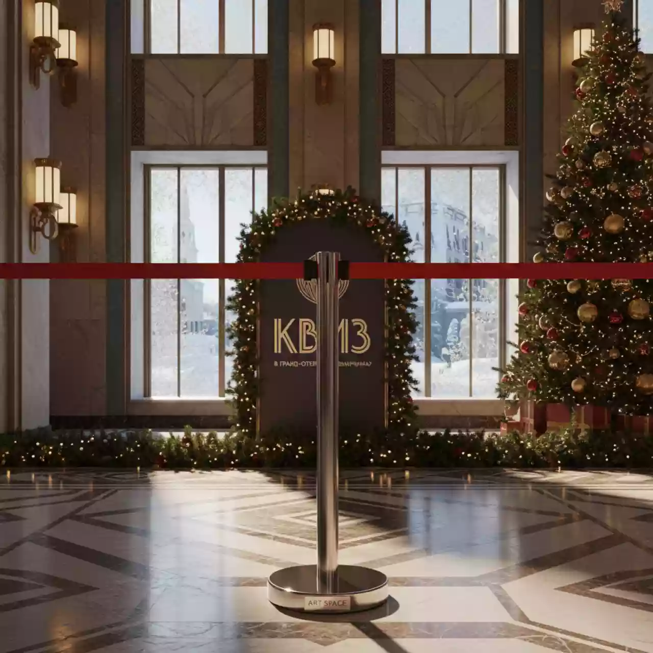 Аренда Стойка ограждения с вытяжной лентой красная нержавеющая сталь в гранд-отеле «Жемчужина» — ART SPACE