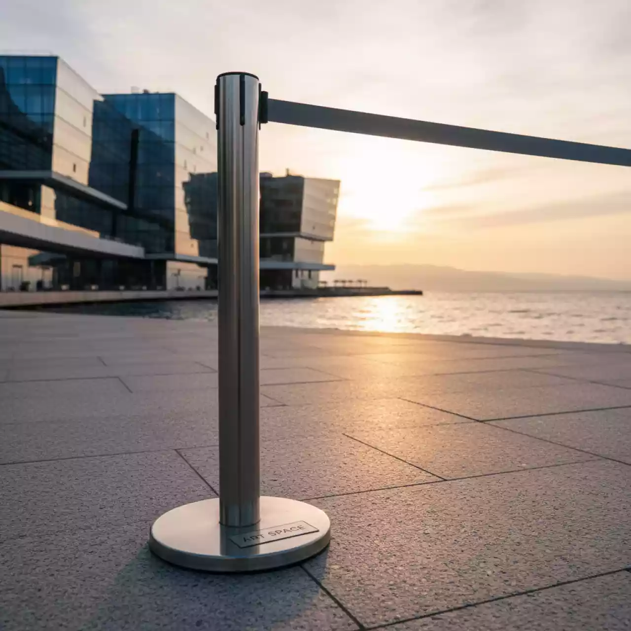 Аренда Стойка ограждения столбик с серой лентой 250 см 05 263GR на Имеретинской набережной — ART SPACE