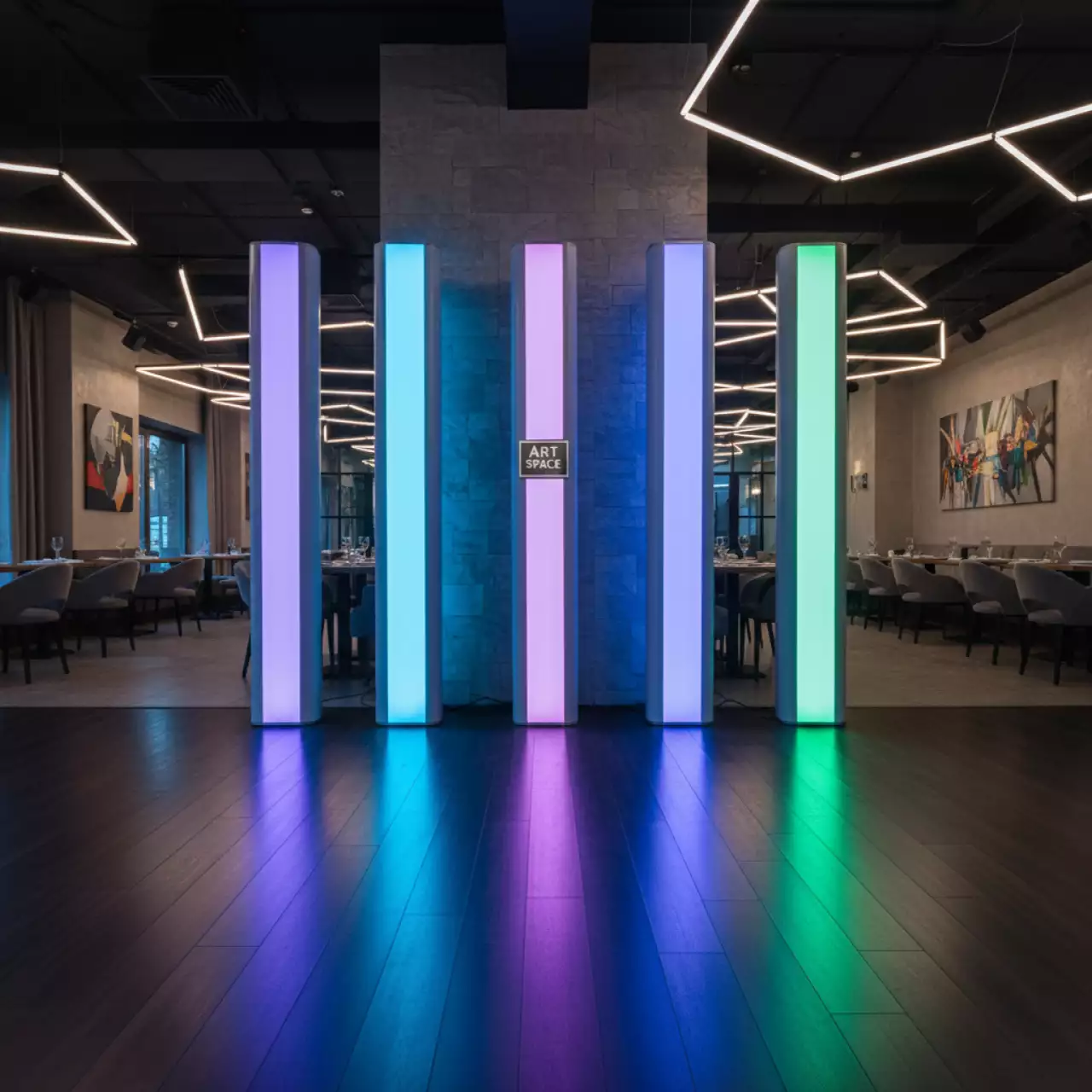 Аренда Стойки светящиеся 150 см в ресторане «Сыроварня» — ART SPACE