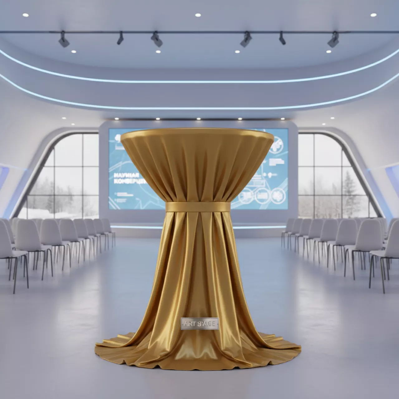 Аренда Стрейч скатерть для коктейльного стола золотая в ледовом дворце «Большой» — ART SPACE