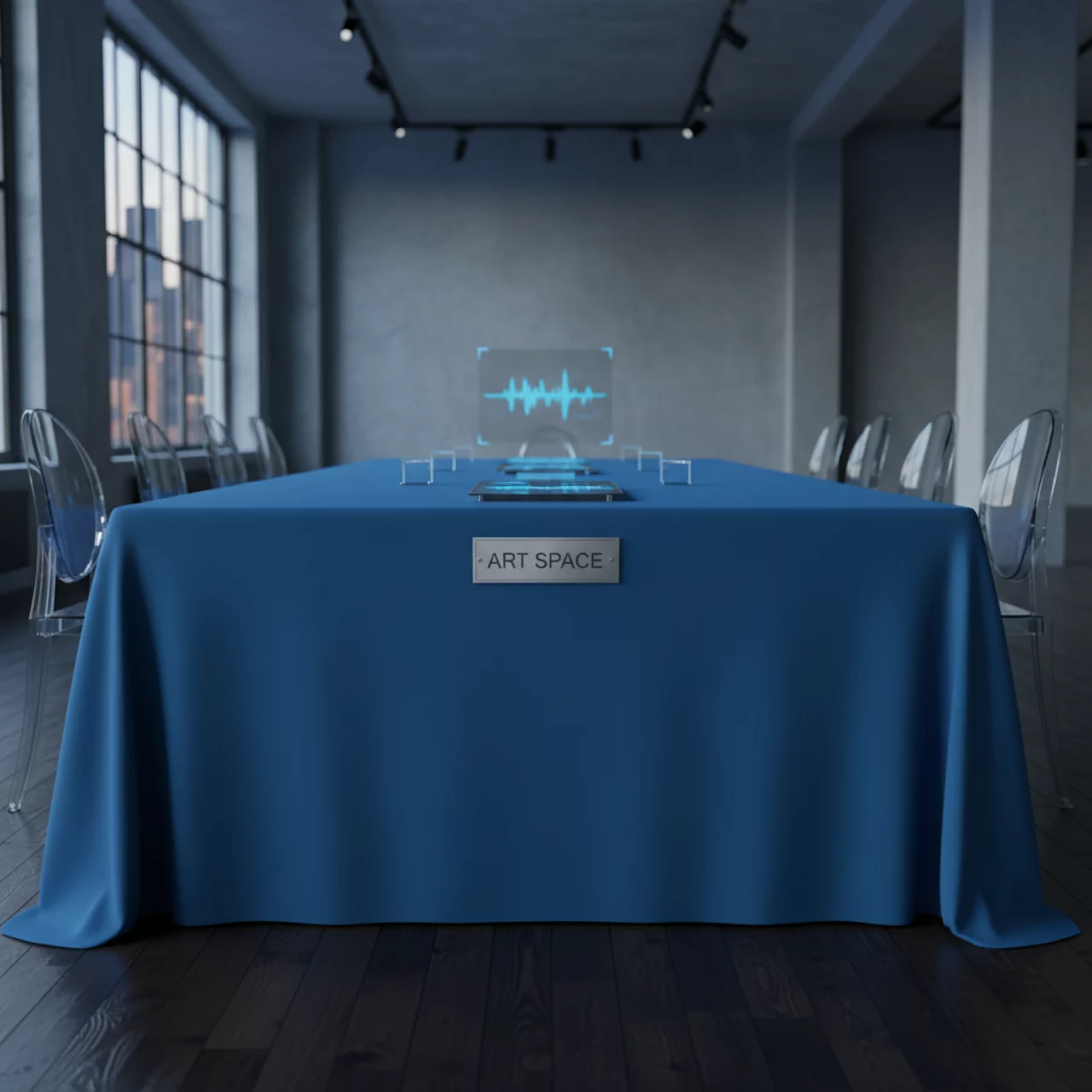 Аренда Стрейч скатерти для прямоугольного стола синяя в лофте «Студия 21» — ART SPACE
