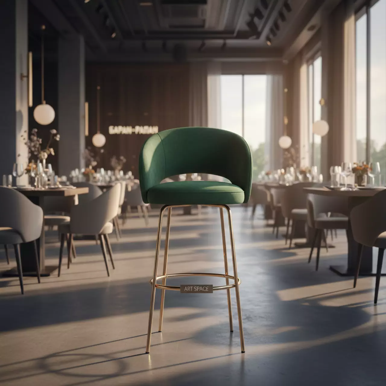 Аренда Стул барный Austin Green золотой с зеленой сидушкой в ресторане «Баран-Рапан» — ART SPACE