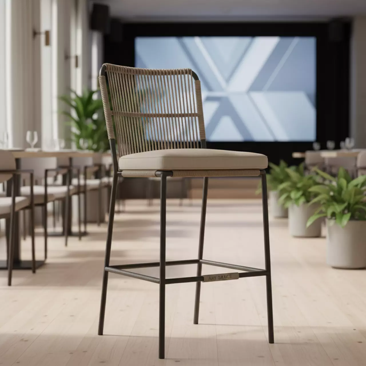 Аренда Стул барный Марсель каркас сталь роуп бежевый ткань бежевая в ресторане «Voda» — ART SPACE