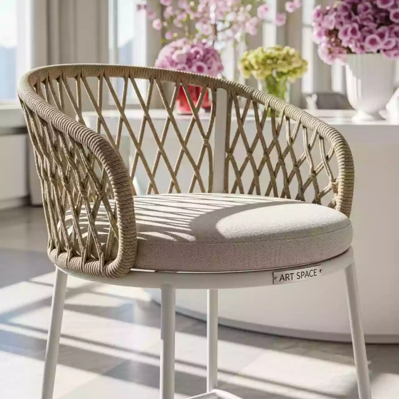 Аренда Стул барный плетеный Марсель роуп бежевый круглый каркас белый ткань бежевая в Поляна 1389 Отель и Спа — ART SPACE