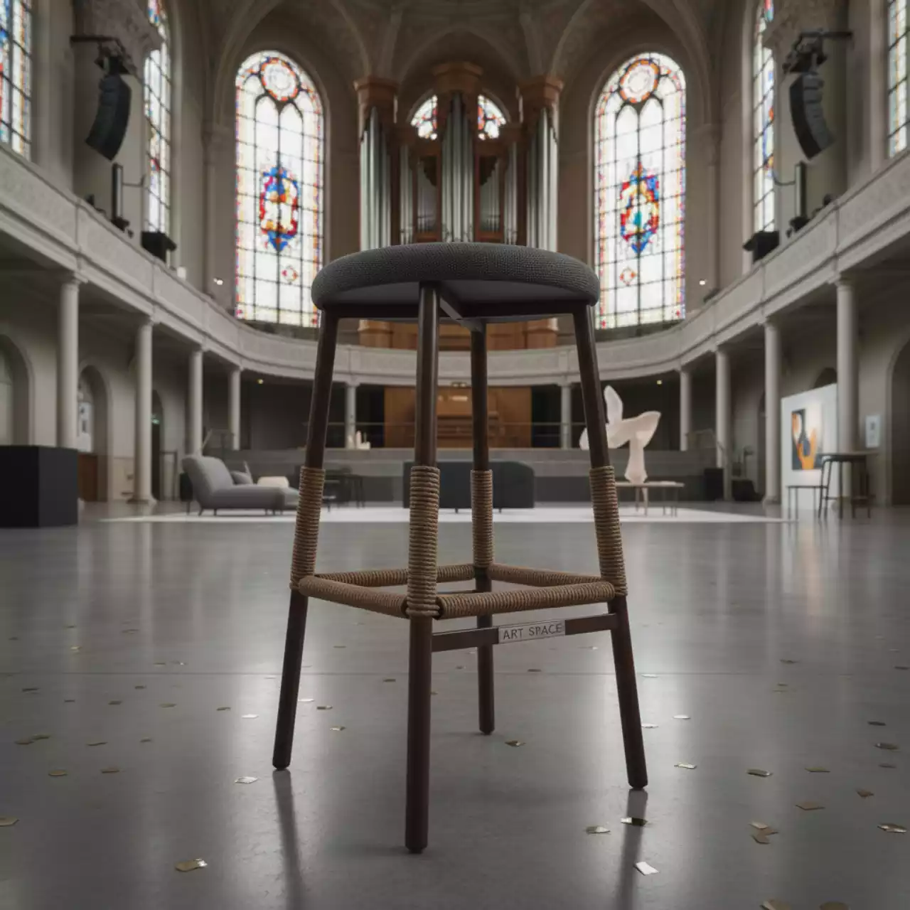 Аренда Стул барный плетеный Марсель сталь коричневый RAL коричневый круглый роуп темно серая ткань в Зале органной и камерной музыки — ART SPACE