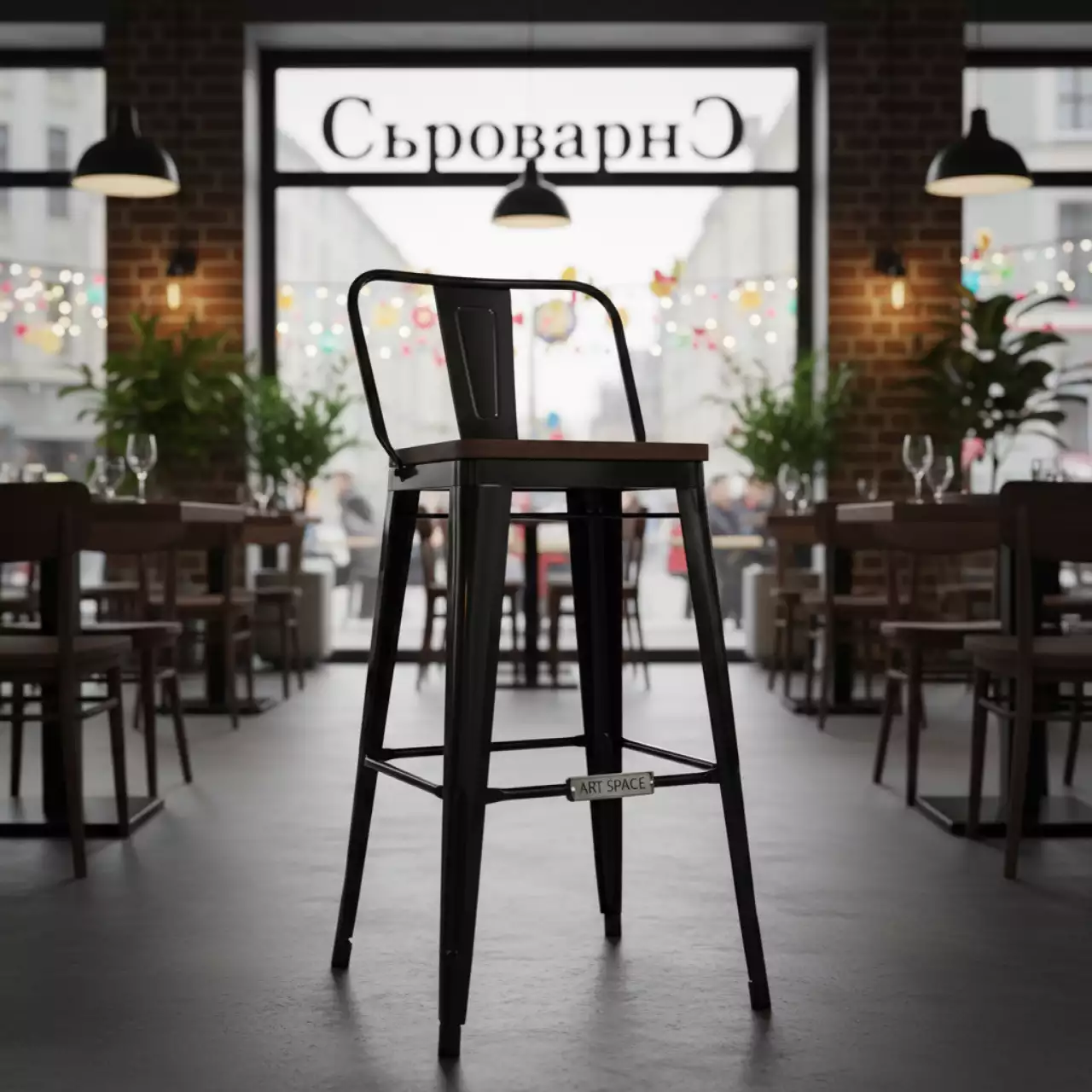 Аренда Стул барный со спинкой черный глянцевый Tolix Wood в ресторане «Сыроварня» — ART SPACE