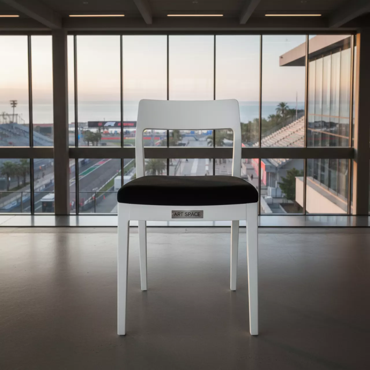 Аренда Стул белый УНИСОН с черной бархатной подушкой на Имеретинской набережной — ART SPACE