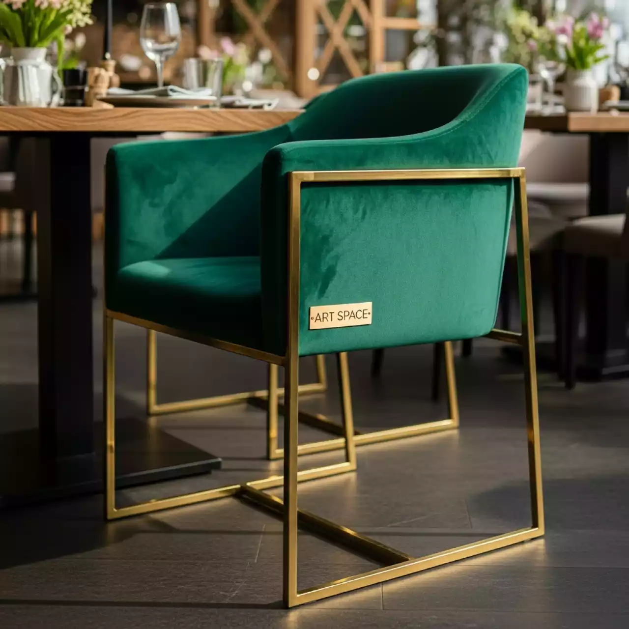 Аренда Стул БРЭМ золотой папоротниковый бархат в ресторане «Сыроварня» — ART SPACE