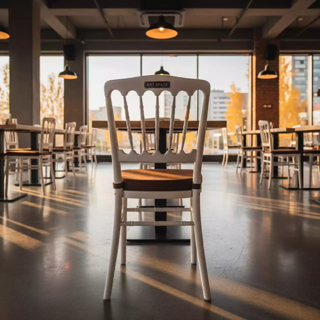 Аренда Стул Chiavari деревянный белый с коричневой подушкой в ресторане «Магадан» — ART SPACE