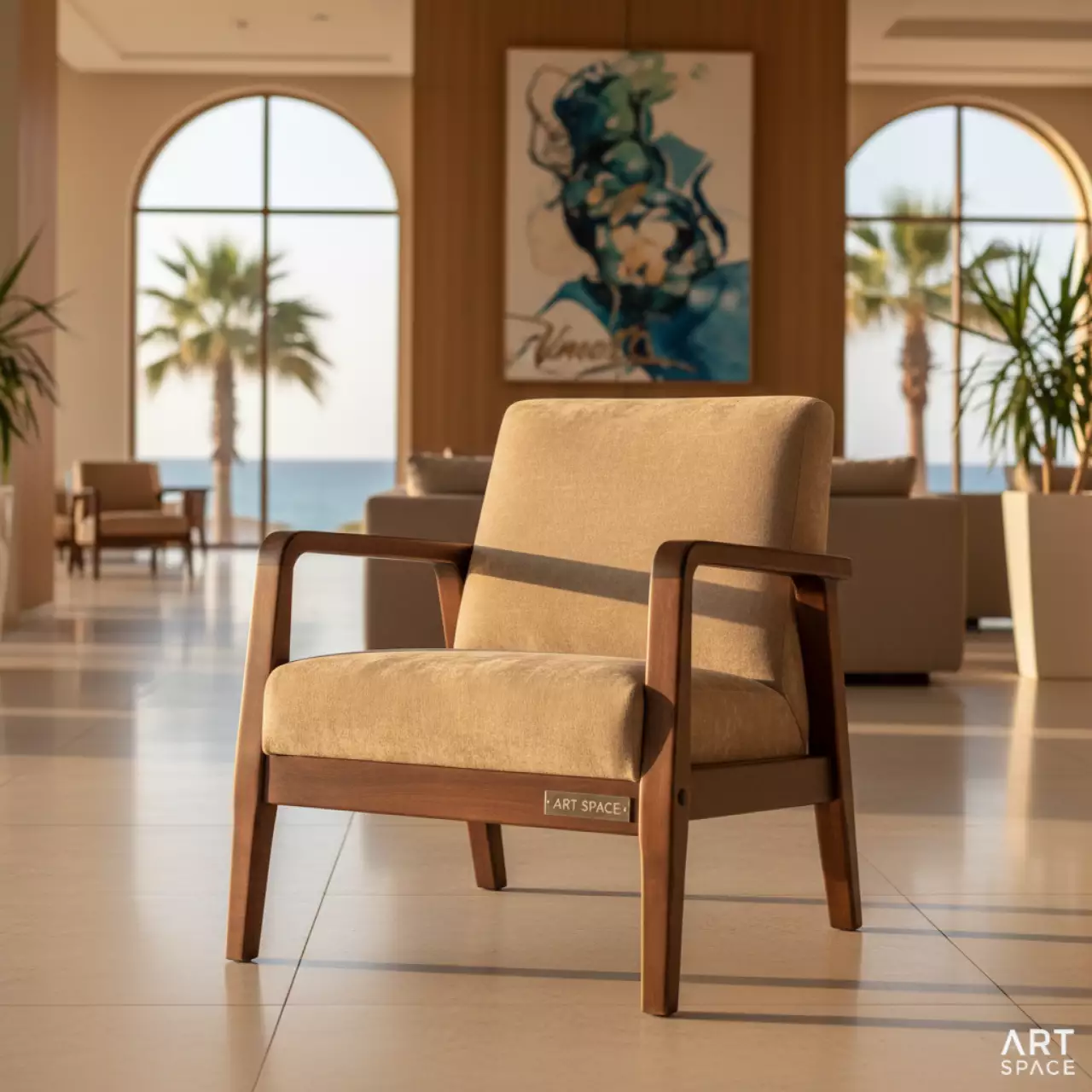 Аренда Стул деревянный Корнелл бежевый велюр темный орех в пляжном комплексе VinoGrad — ART SPACE