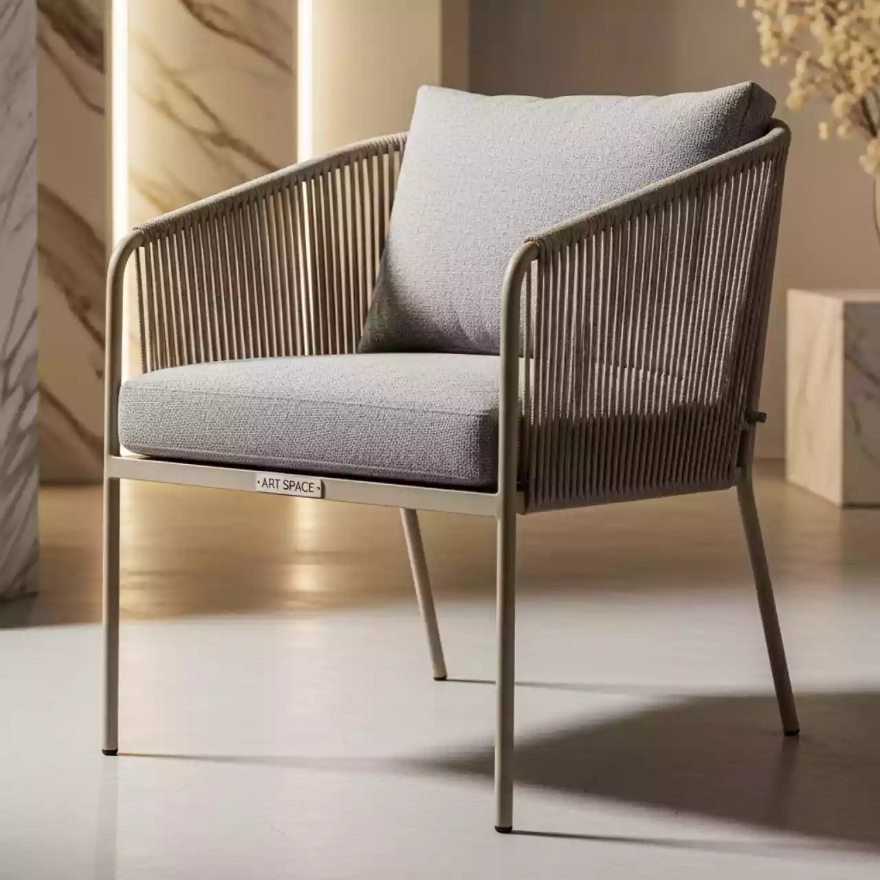Аренда Стул Диего плетеный из роупа стальной каркас RAL бежевый светло серая ткань в Grand Karat Sochi — ART SPACE