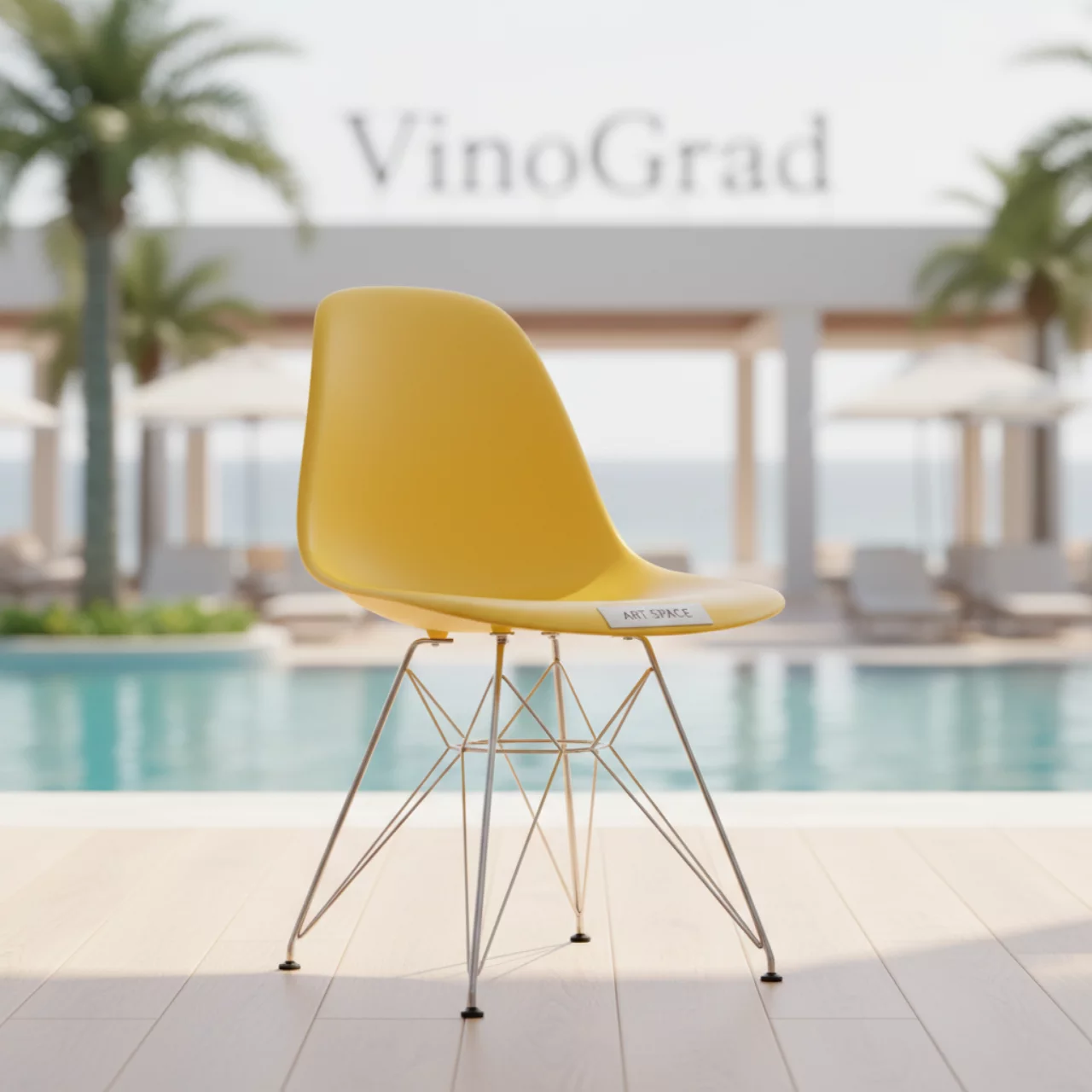 Аренда Стул дизайнерский Eames стиль DSW желтый металл в пляжном комплексе VinoGrad — ART SPACE