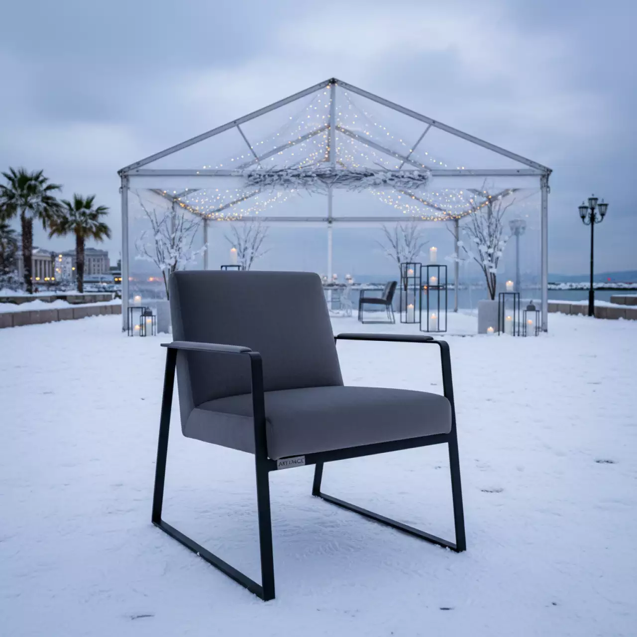 Аренда Стул Гранд флок Genezis grafit серый каркас черный муар на территории Морпорта Сочи — ART SPACE