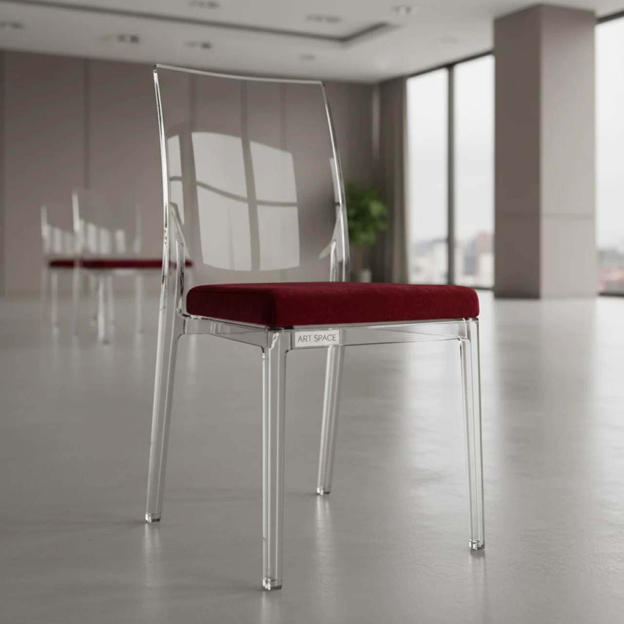 Аренда Стул ХЭМПСОН прозрачный с красной бархатной подушкой в комплексе Sea Galaxy — ART SPACE