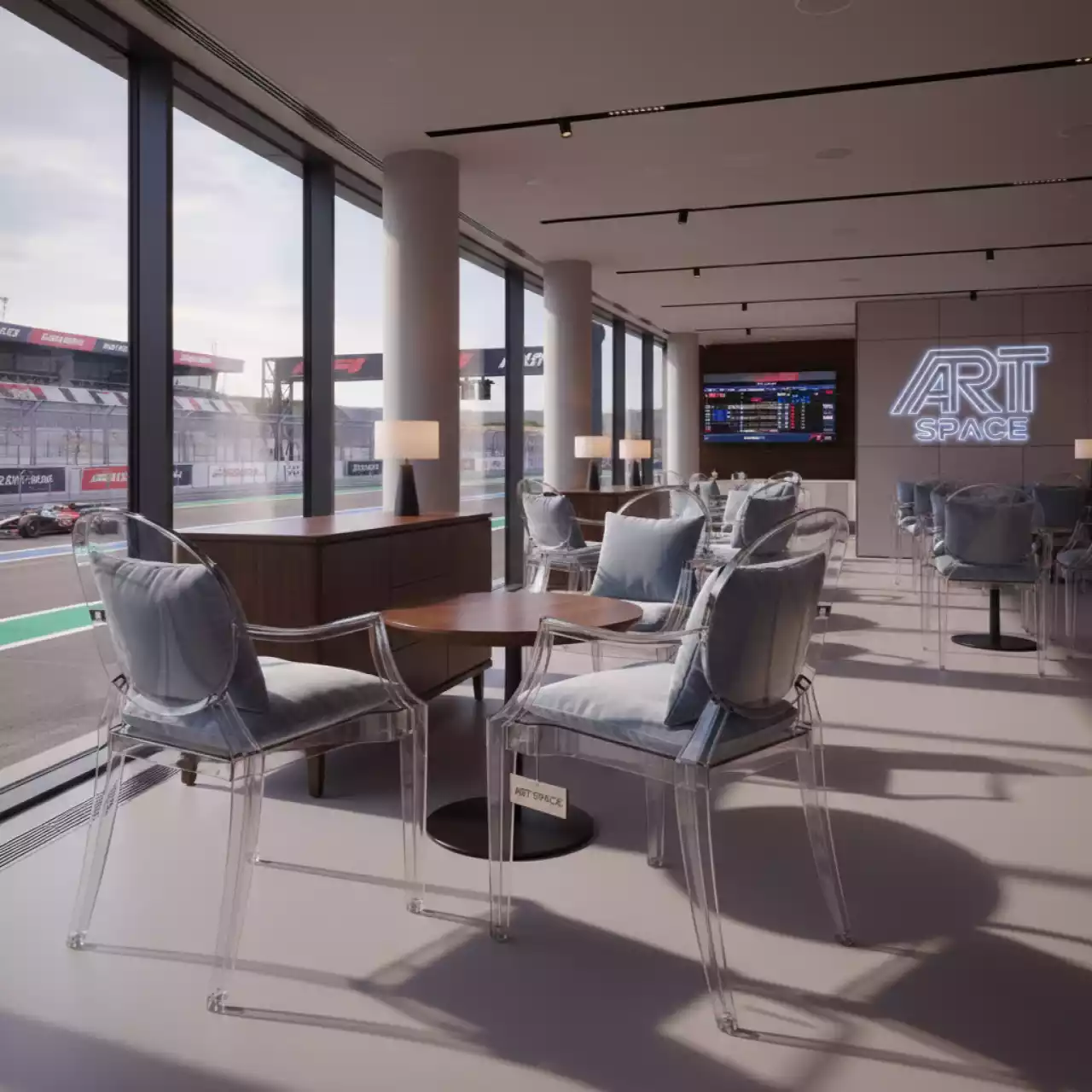 Аренда Стул ХЭМПСОН прозрачный с серо голубой бархатной подушкой в Университете «Сириус» — ART SPACE