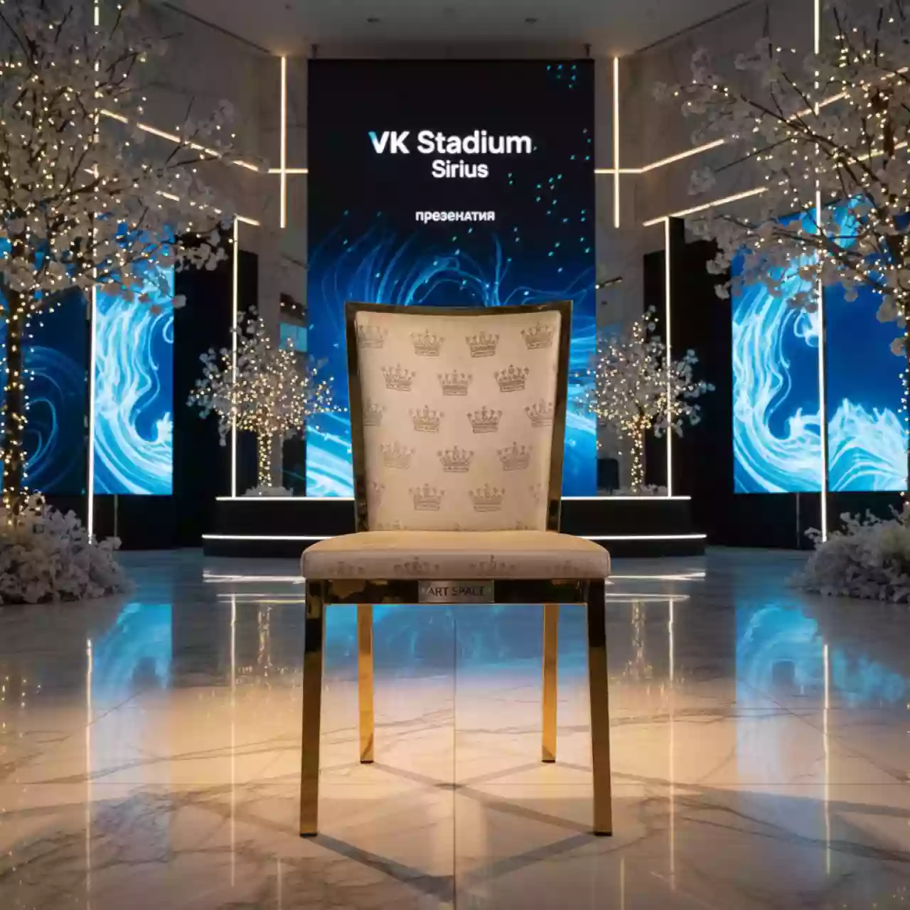 Аренда Стул Хит банкетный бежевая корона золотой каркас в VK Stadium Sirius — ART SPACE