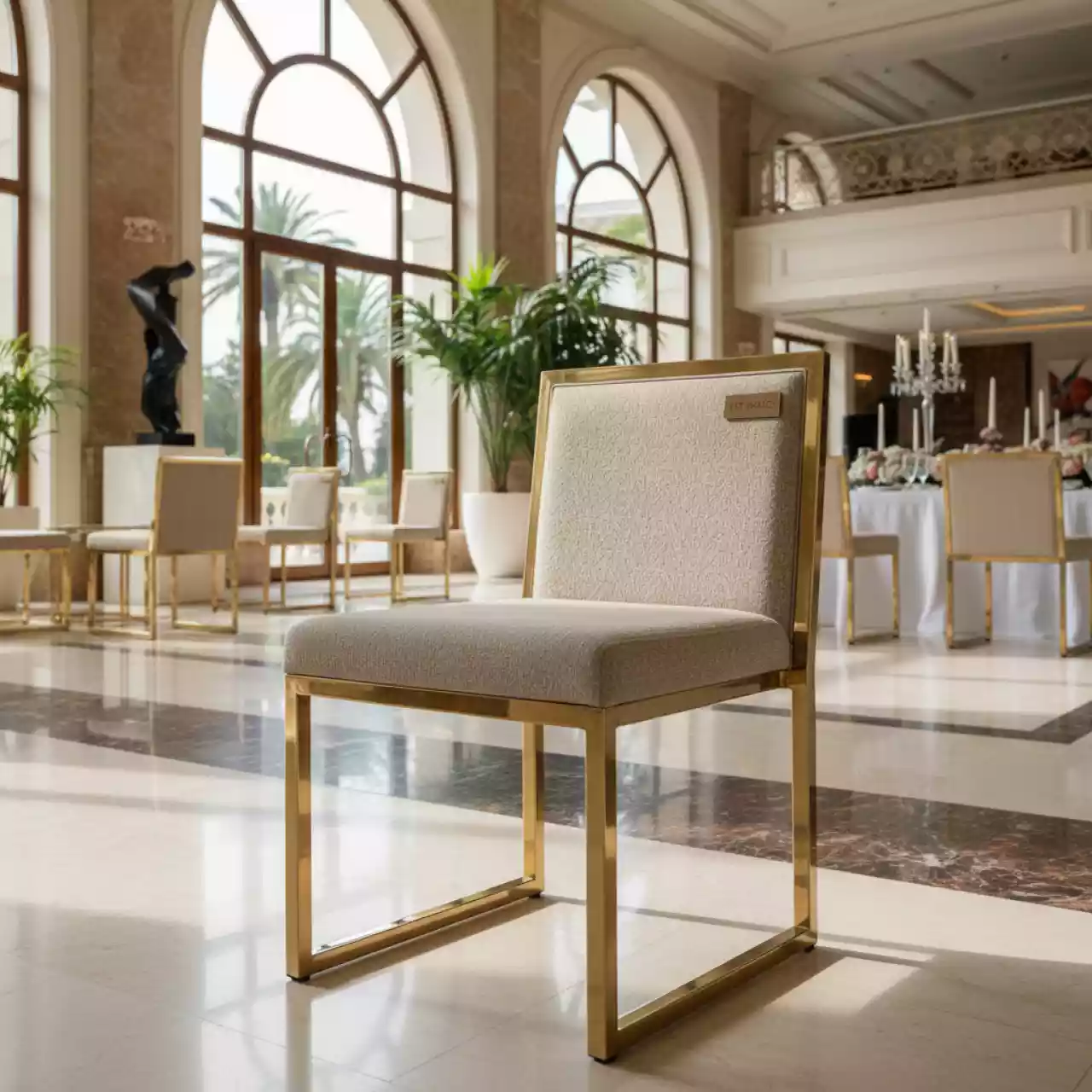 Аренда Стул Хит светло бежевый жаккард каркас золотой в Rodina Grand Hotel & SPA — ART SPACE