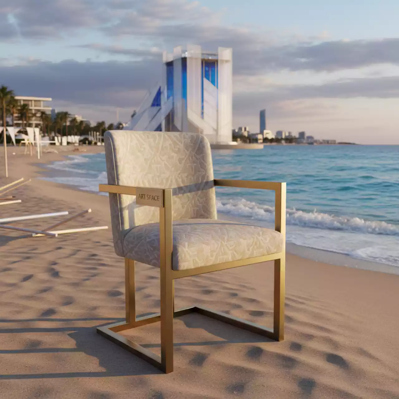 Аренда Стул Хит светло бежевый жаккард золотой каркас на пляже «Ривьера» — ART SPACE