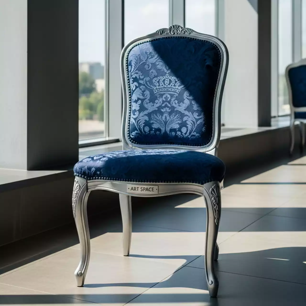 Аренда Стул Хит жаккард синяя корона каркас серебряный в ресторане «Сыроварня» — ART SPACE