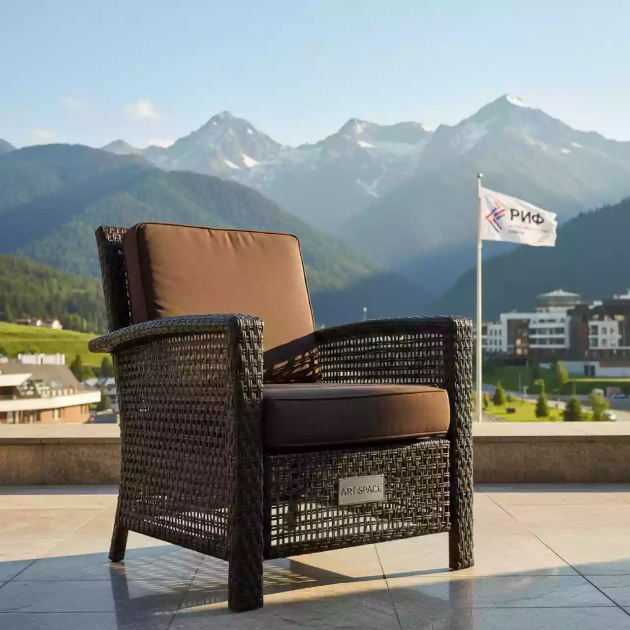 Аренда Стул кресло из ротанга Руардин Ruardean подушка темно коричневый на курорте «Газпром» (Альпика) — ART SPACE
