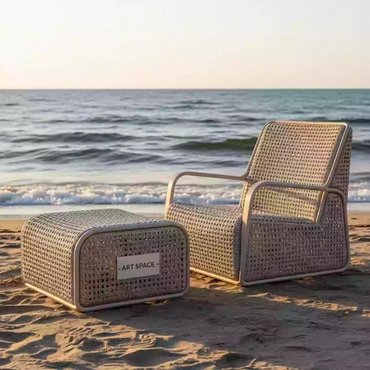 Аренда Стул лаунж плетеный с пуфом Roma на пляже «Маяк» — ART SPACE