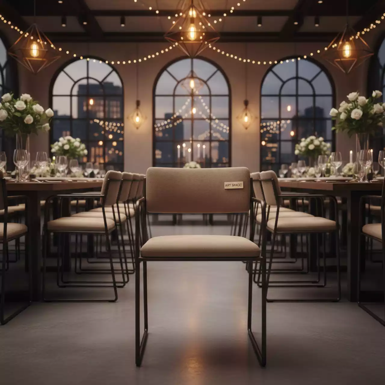 Аренда Стул Лион с подлокотниками подушка рогожка Lardasa бежевая в ресторане «La Terrazza» — ART SPACE