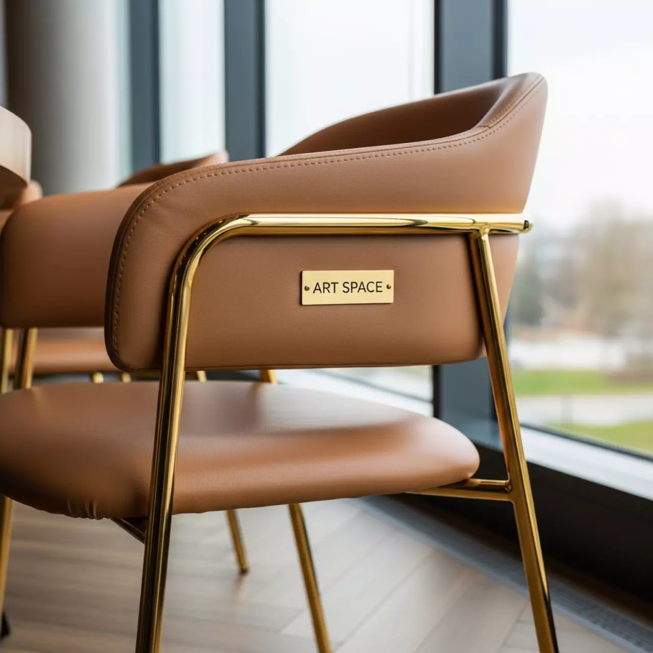 Аренда Стул мягкий экокожа кэмел золотой металлический каркас в ресторане «Паруса» — ART SPACE