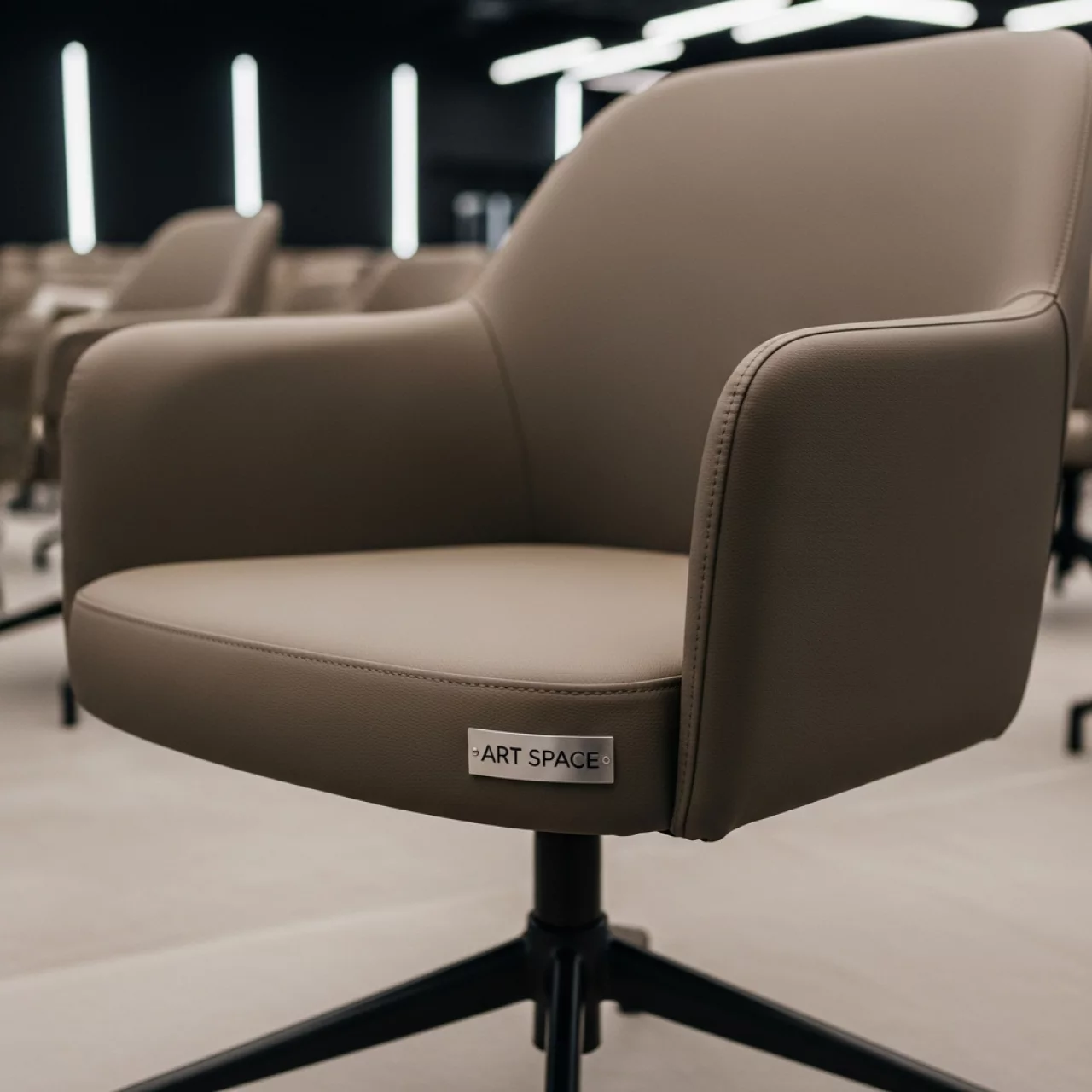 Аренда Стул мягкий поворотный темно бежевый экокожа черный металлический каркас в VK Stadium Sirius — ART SPACE