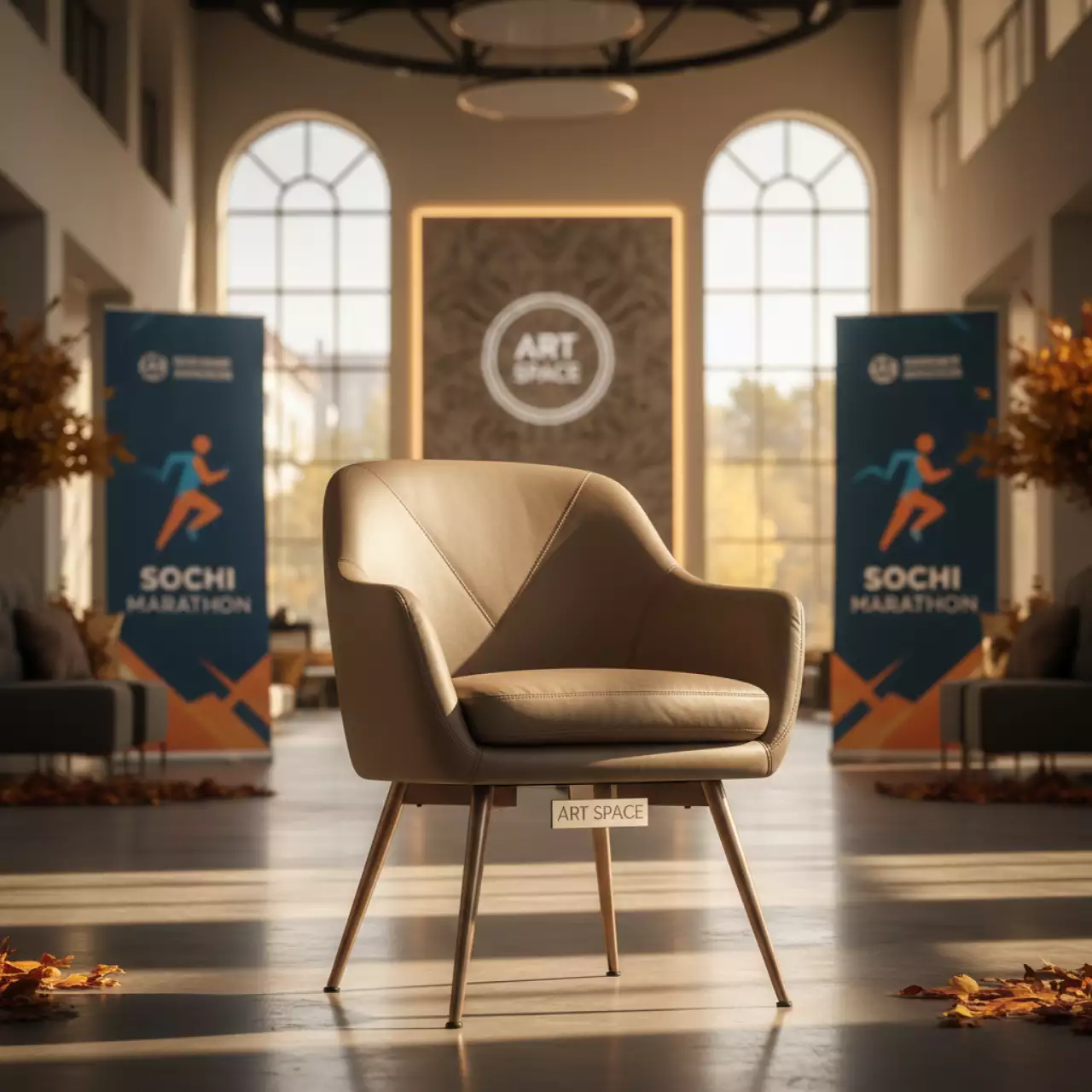 Аренда Стул мягкий поворотный темно бежевый экокожа металлический каркас цвета шампань в Университете «Сириус» — ART SPACE