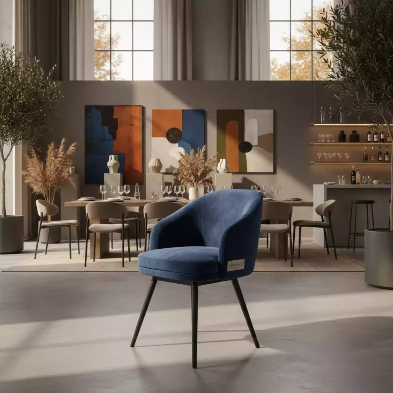 Аренда Стул мягкий поворотный велюр синий каркас металл черный на вилле «Анна» — ART SPACE