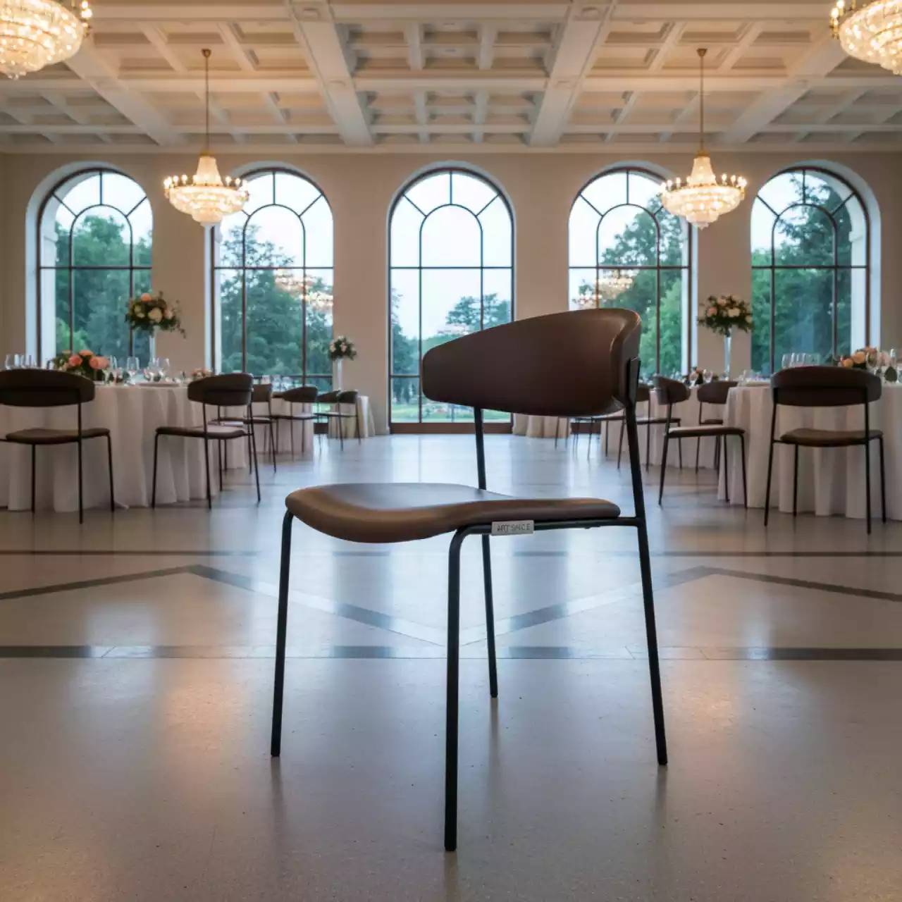 Аренда Стул мягкий темно коричневый экокожа каркас металл черный в санатории «Металлург» — ART SPACE